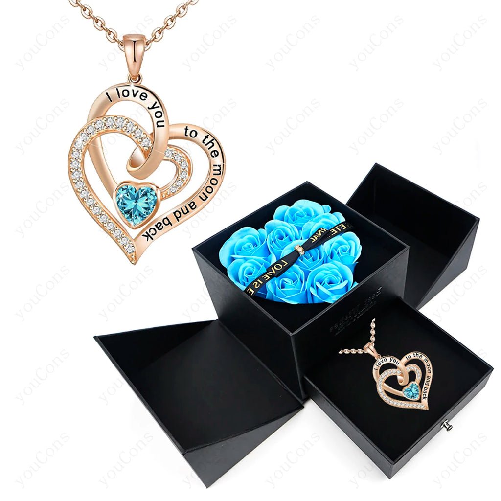Heart Zircon Pendant Necklace with Pink Rose Bow Gift Box 2025 New Set for Girlfriend Wife Christmas Valentine Day Birthday Gift