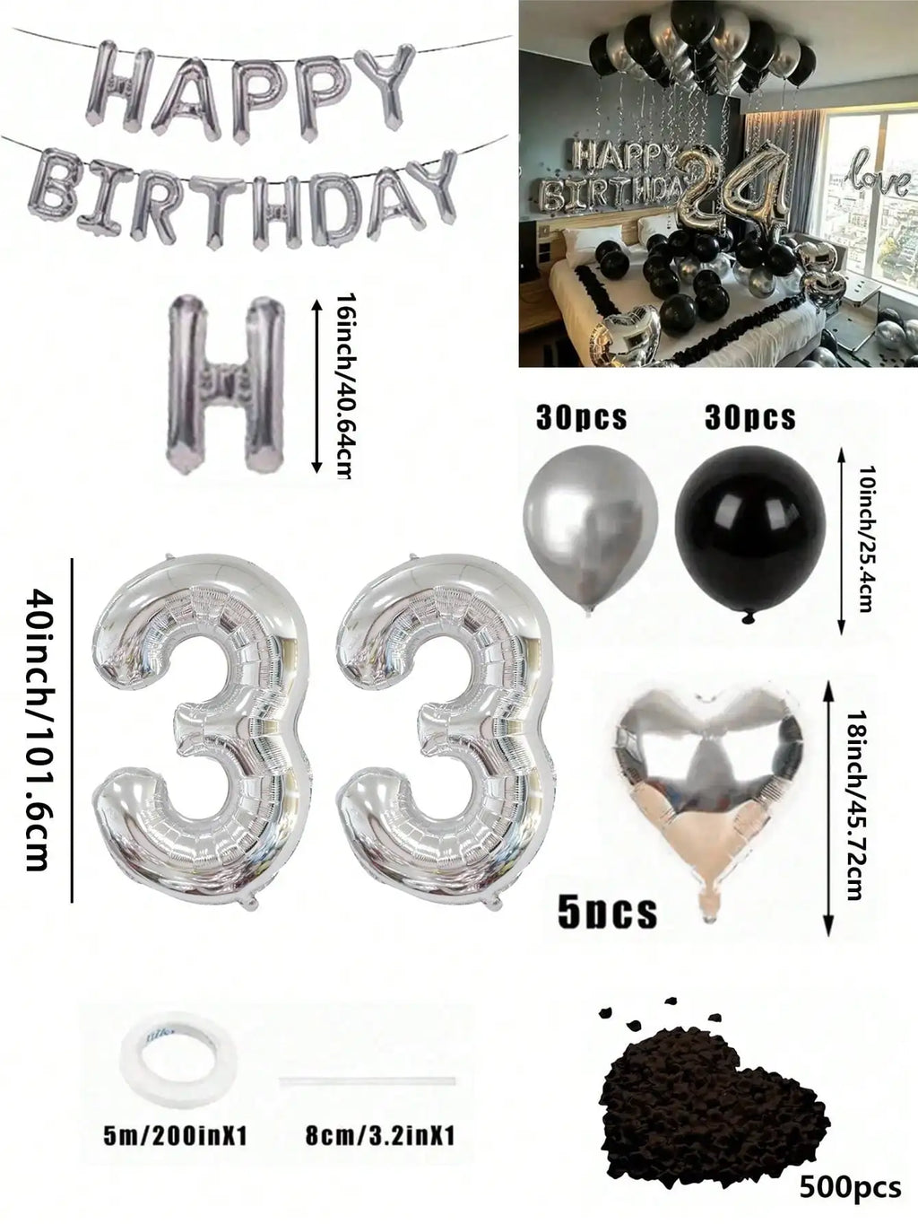 580Pcs Black & Silver Balloon Garland Birthday Set, 40" Oversized Foil Number Balloons, Black Rose Petals, Suitable for Men & Women