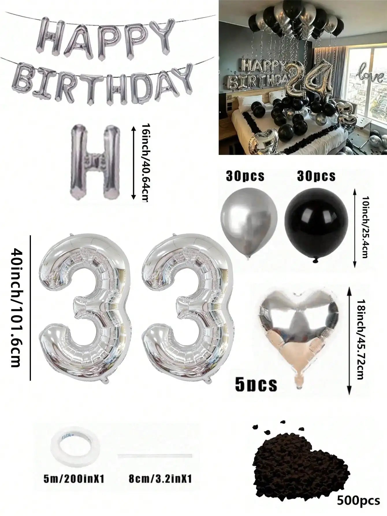 580Pcs Black & Silver Balloon Garland Birthday Set, 40" Oversized Foil Number Balloons, Black Rose Petals, Suitable for Men & Women