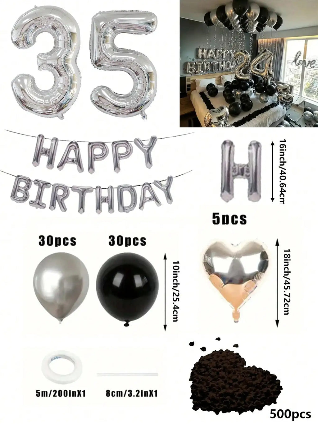 580Pcs Black & Silver Balloon Garland Birthday Set, 40" Oversized Foil Number Balloons, Black Rose Petals, Suitable for Men & Women