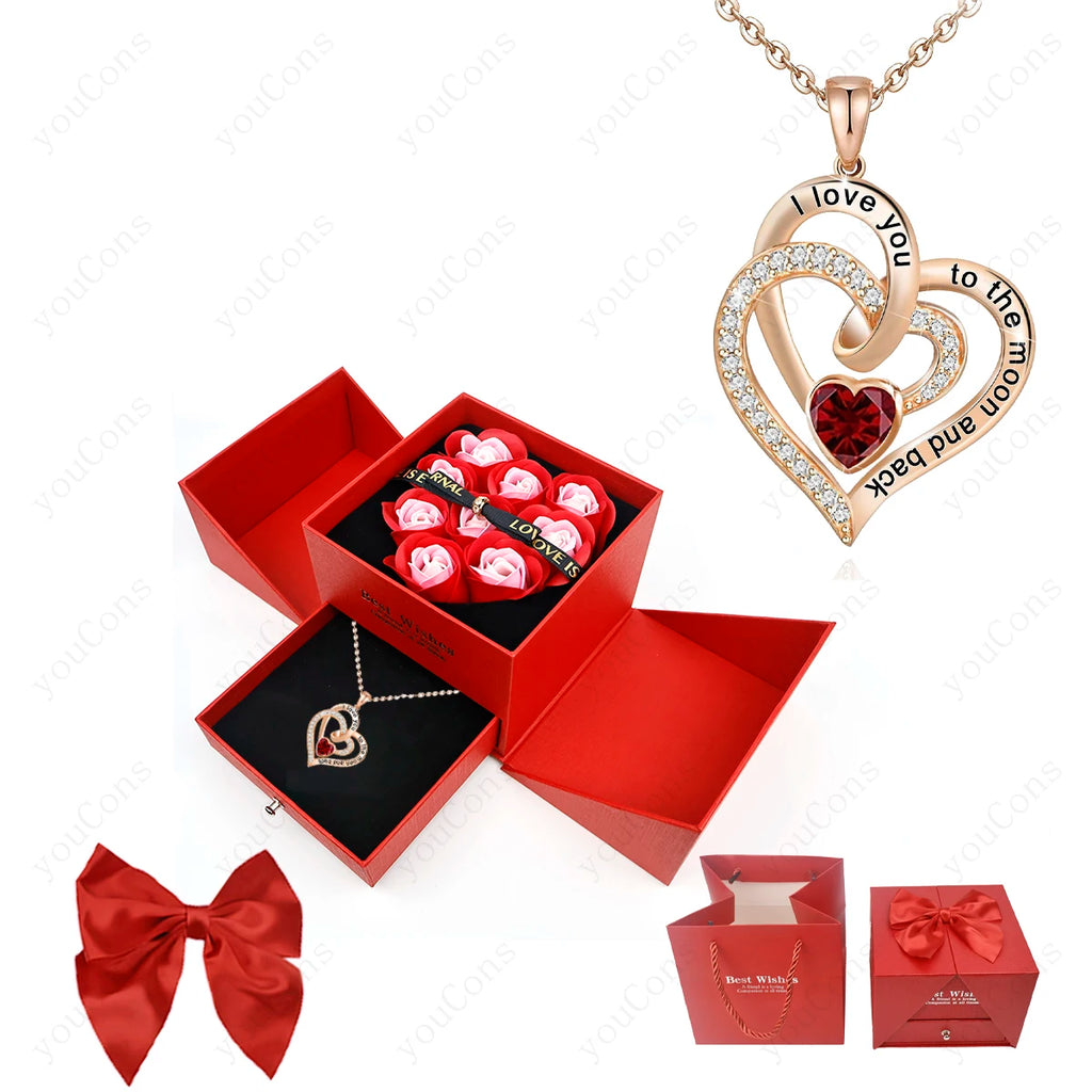 Heart Zircon Pendant Necklace with Pink Rose Bow Gift Box 2025 New Set for Girlfriend Wife Christmas Valentine Day Birthday Gift