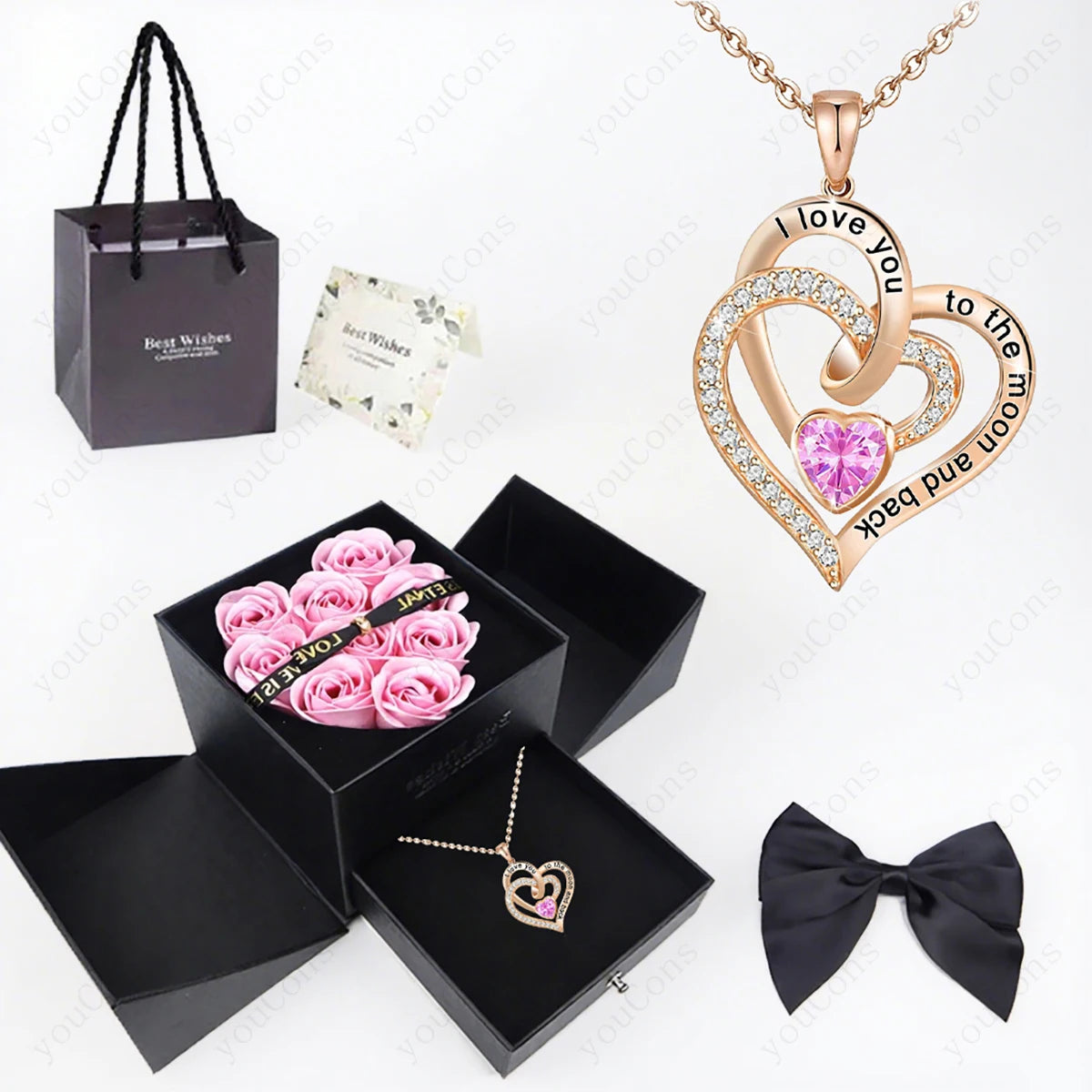 Heart Zircon Pendant Necklace with Pink Rose Bow Gift Box 2025 New Set for Girlfriend Wife Christmas Valentine Day Birthday Gift