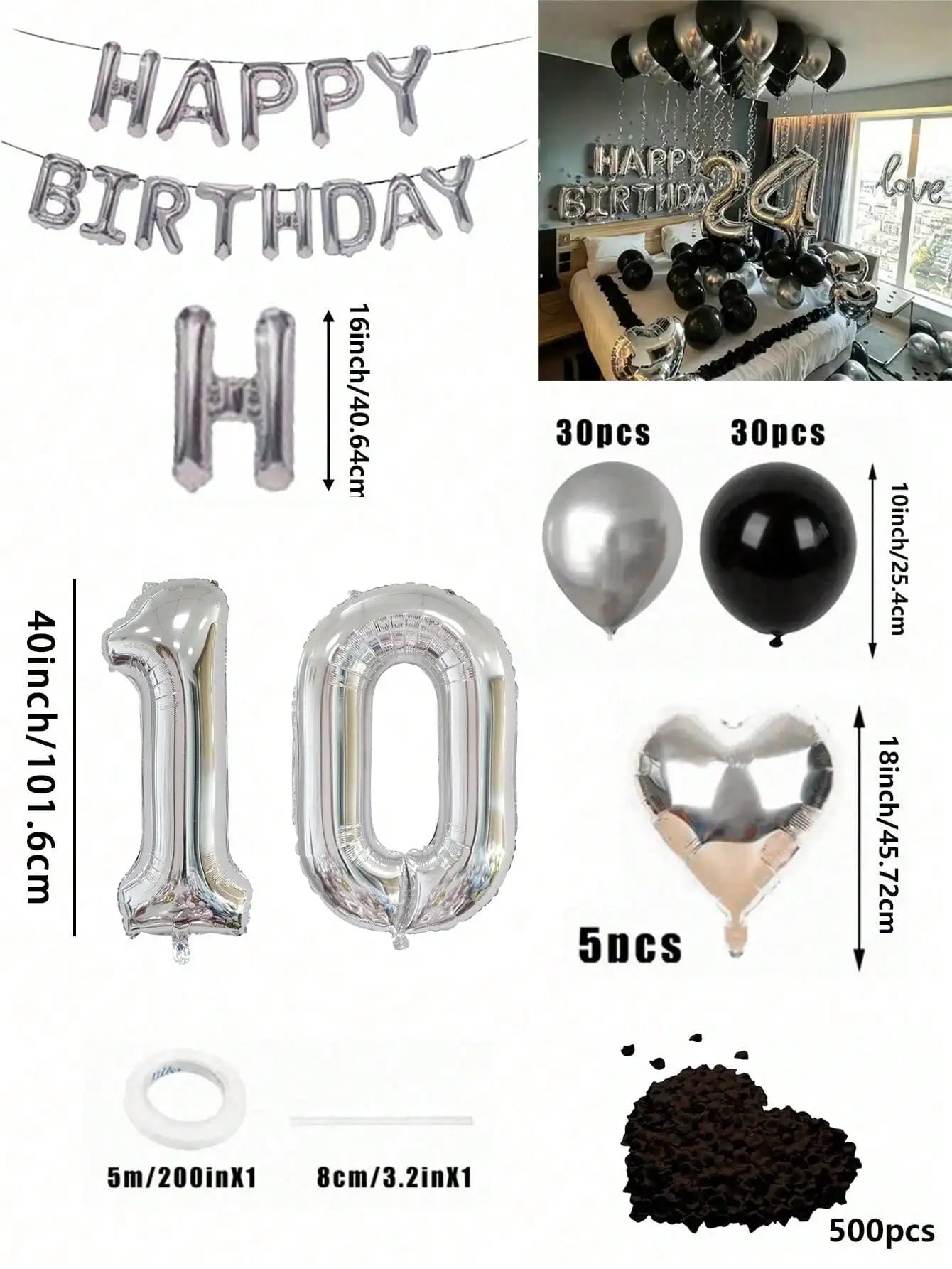 580Pcs Black & Silver Balloon Garland Birthday Set, 40" Oversized Foil Number Balloons, Black Rose Petals, Suitable for Men & Women