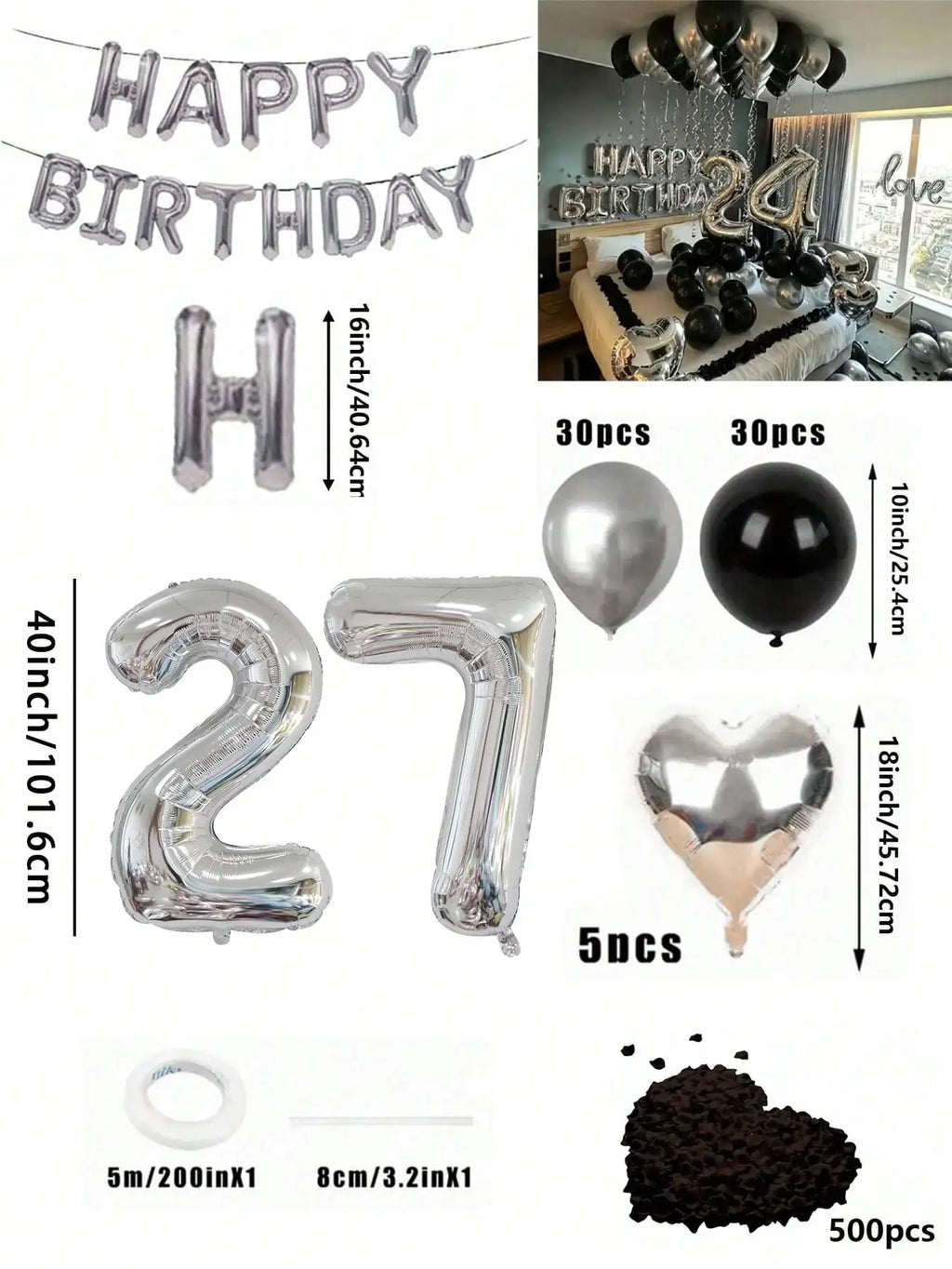 580Pcs Black & Silver Balloon Garland Birthday Set, 40" Oversized Foil Number Balloons, Black Rose Petals, Suitable for Men & Women