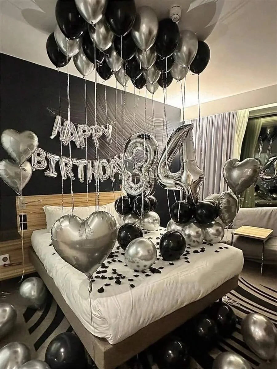580Pcs Black & Silver Balloon Garland Birthday Set, 40" Oversized Foil Number Balloons, Black Rose Petals, Suitable for Men & Women