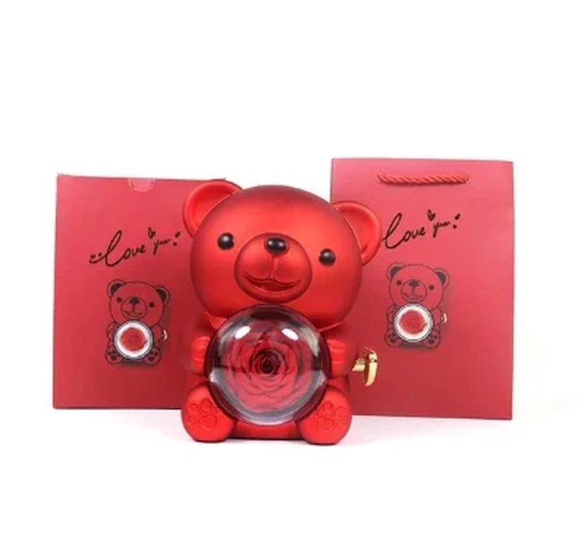 Rose Hugging Bear Gift Boxes Free Engraving Necklace Rose Rotating Flower Birthday Gift for Women
