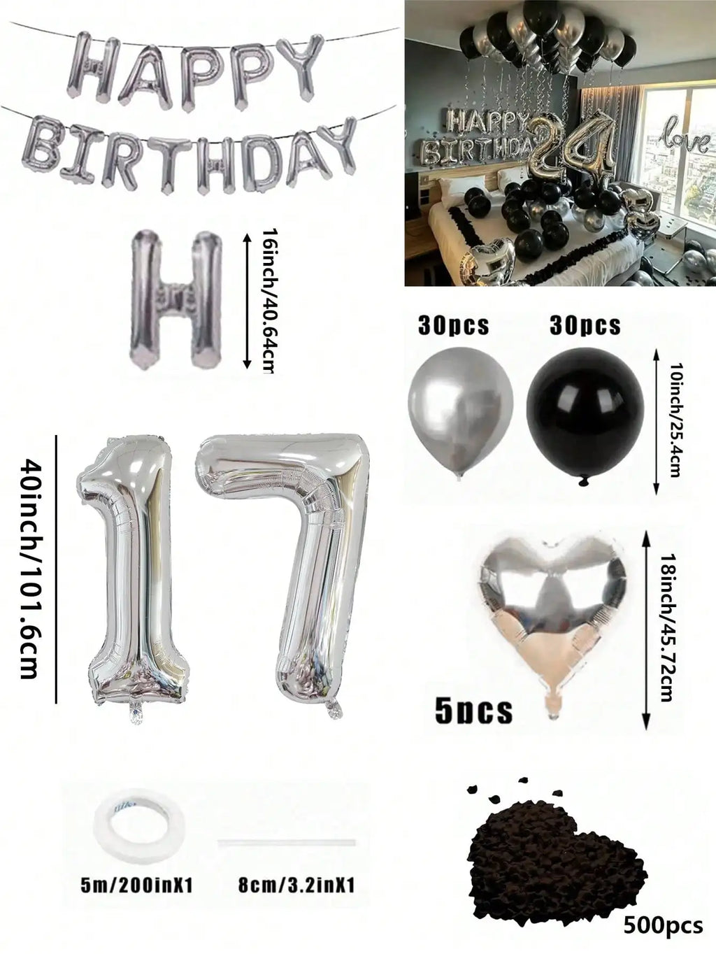580Pcs Black & Silver Balloon Garland Birthday Set, 40" Oversized Foil Number Balloons, Black Rose Petals, Suitable for Men & Women