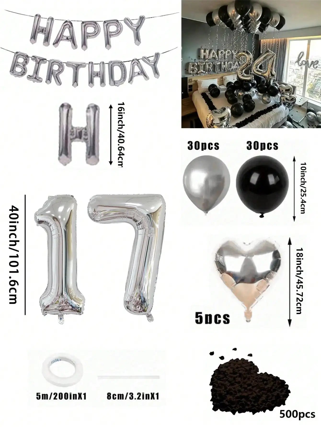 580Pcs Black & Silver Balloon Garland Birthday Set, 40" Oversized Foil Number Balloons, Black Rose Petals, Suitable for Men & Women