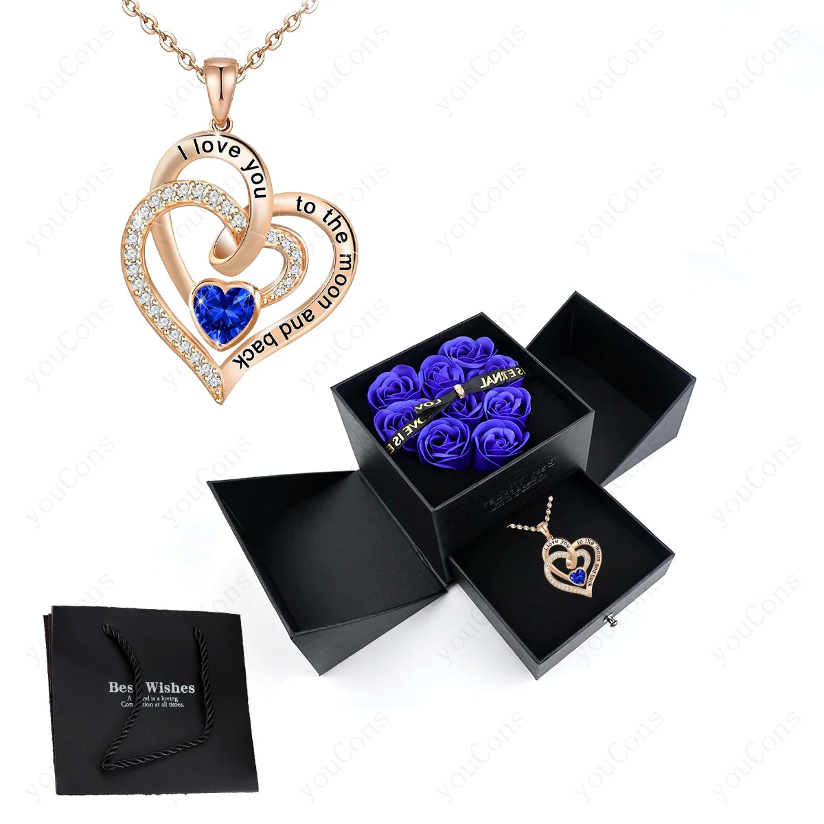 Heart Zircon Pendant Necklace with Pink Rose Bow Gift Box 2025 New Set for Girlfriend Wife Christmas Valentine Day Birthday Gift