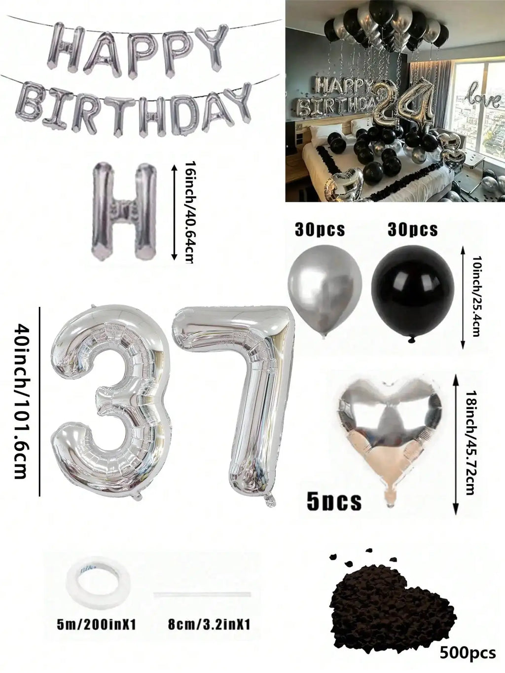 580Pcs Black & Silver Balloon Garland Birthday Set, 40" Oversized Foil Number Balloons, Black Rose Petals, Suitable for Men & Women