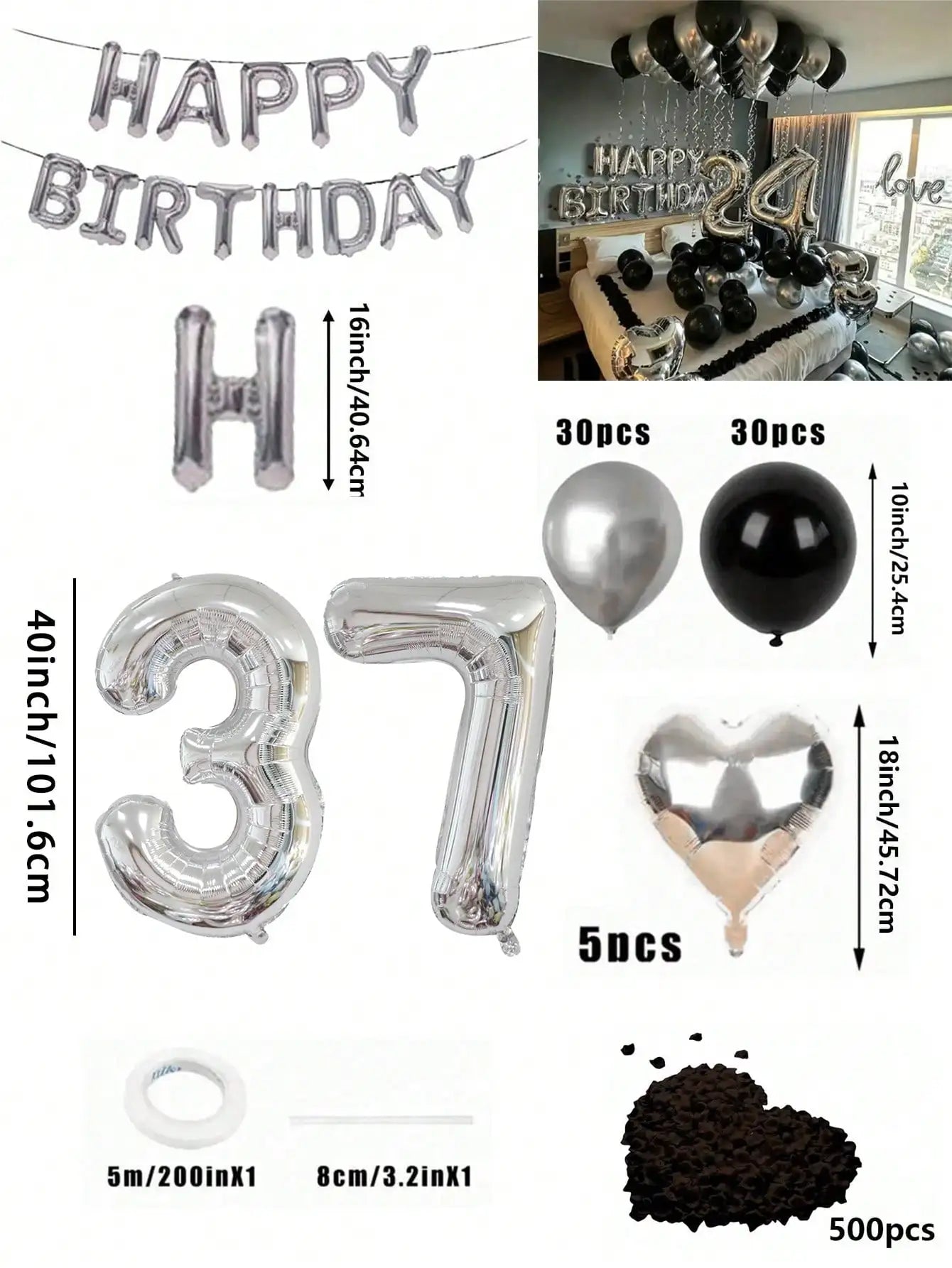 580Pcs Black & Silver Balloon Garland Birthday Set, 40" Oversized Foil Number Balloons, Black Rose Petals, Suitable for Men & Women