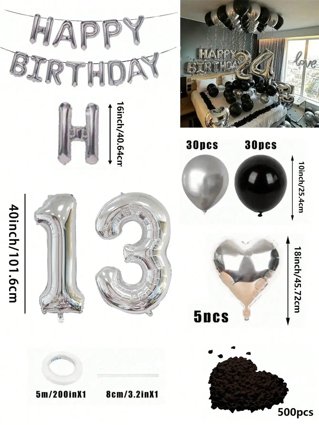 580Pcs Black & Silver Balloon Garland Birthday Set, 40" Oversized Foil Number Balloons, Black Rose Petals, Suitable for Men & Women