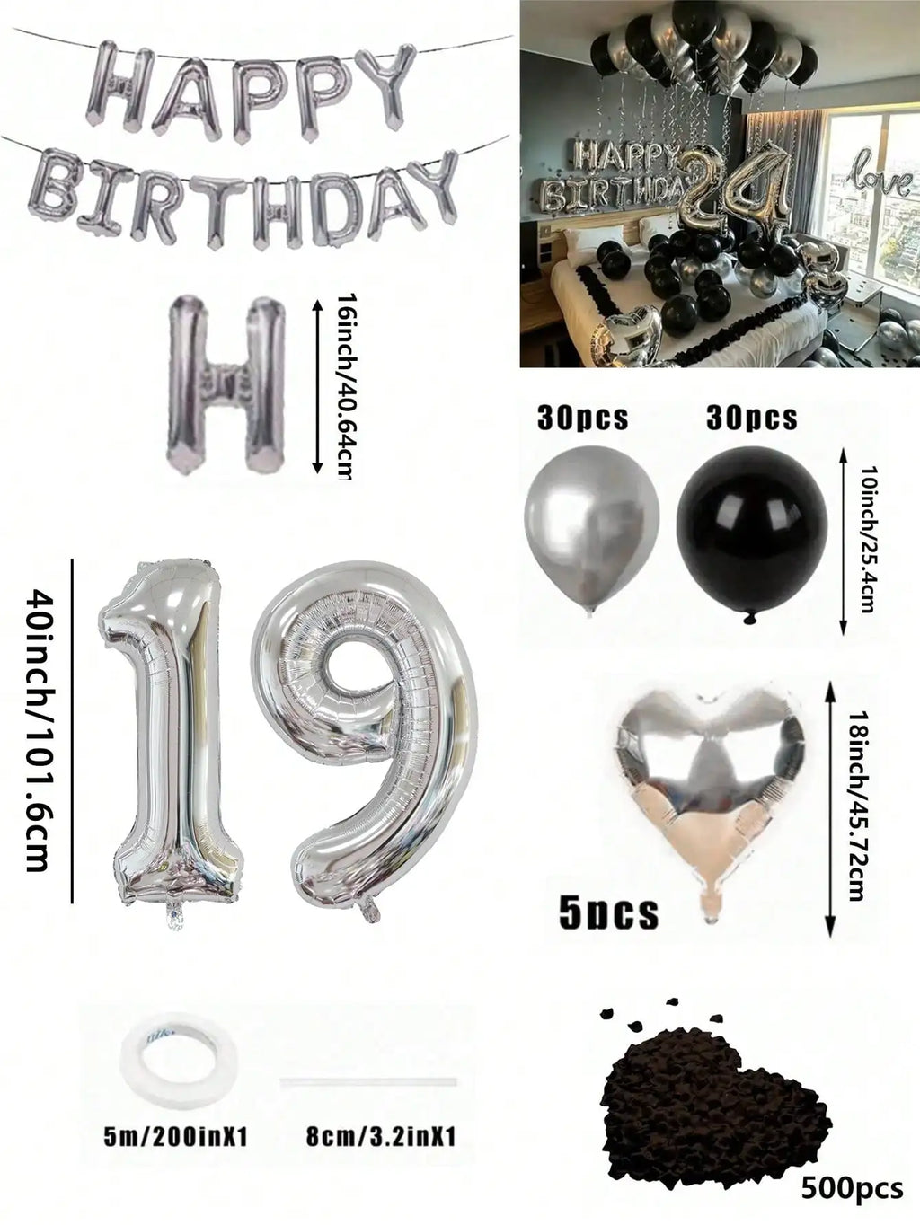 580Pcs Black & Silver Balloon Garland Birthday Set, 40" Oversized Foil Number Balloons, Black Rose Petals, Suitable for Men & Women