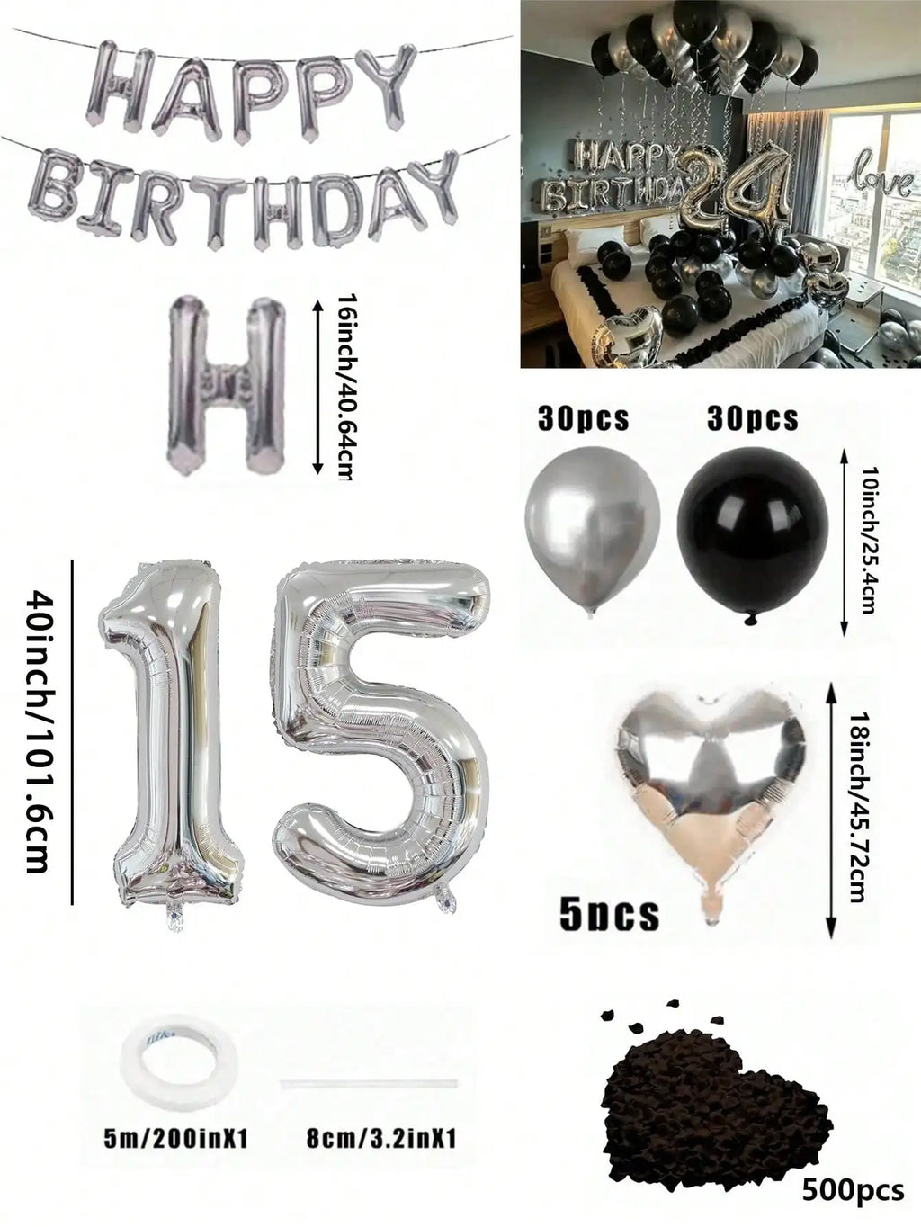 580Pcs Black & Silver Balloon Garland Birthday Set, 40" Oversized Foil Number Balloons, Black Rose Petals, Suitable for Men & Women