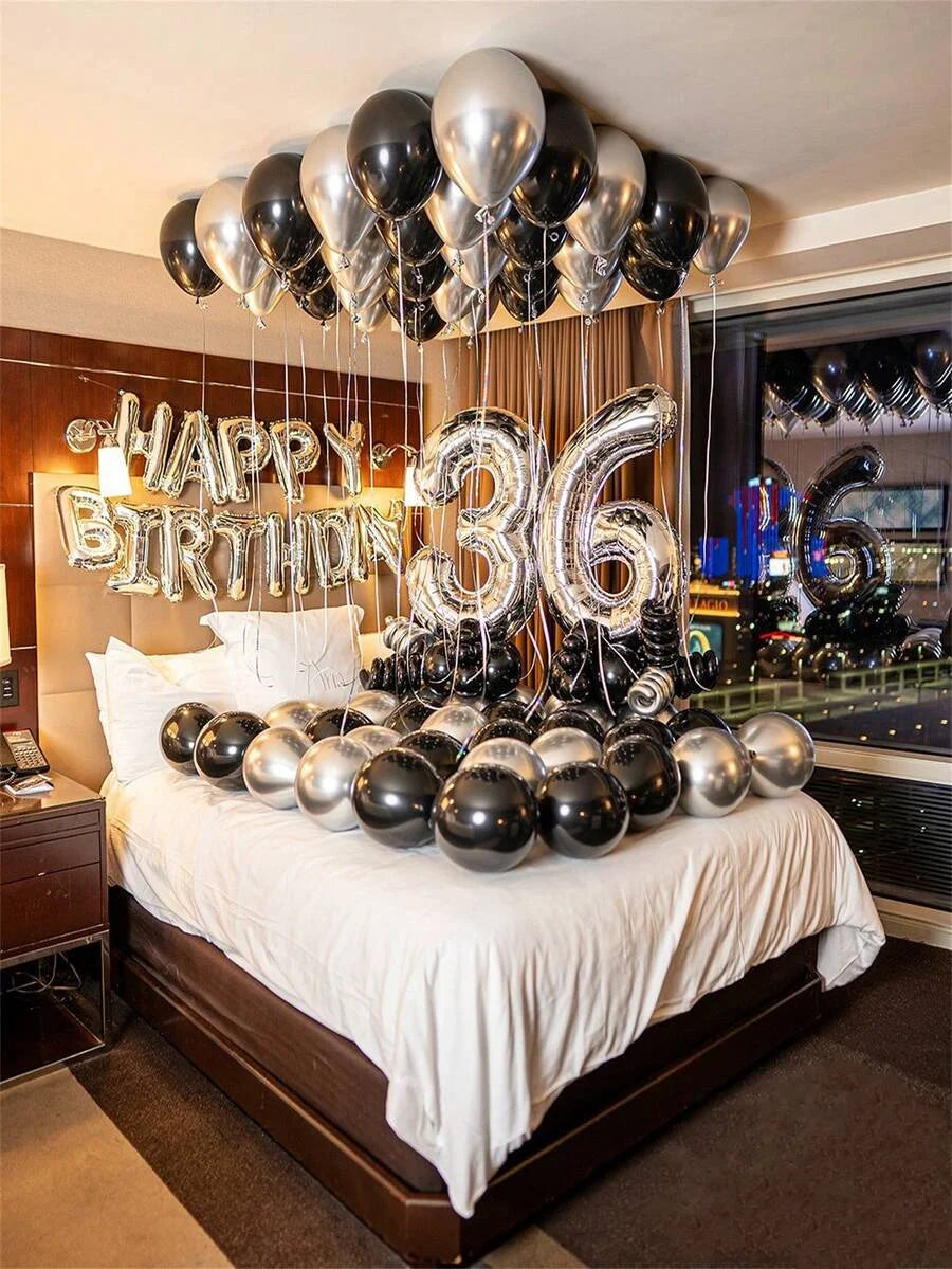 580Pcs Black & Silver Balloon Garland Birthday Set, 40" Oversized Foil Number Balloons, Black Rose Petals, Suitable for Men & Women