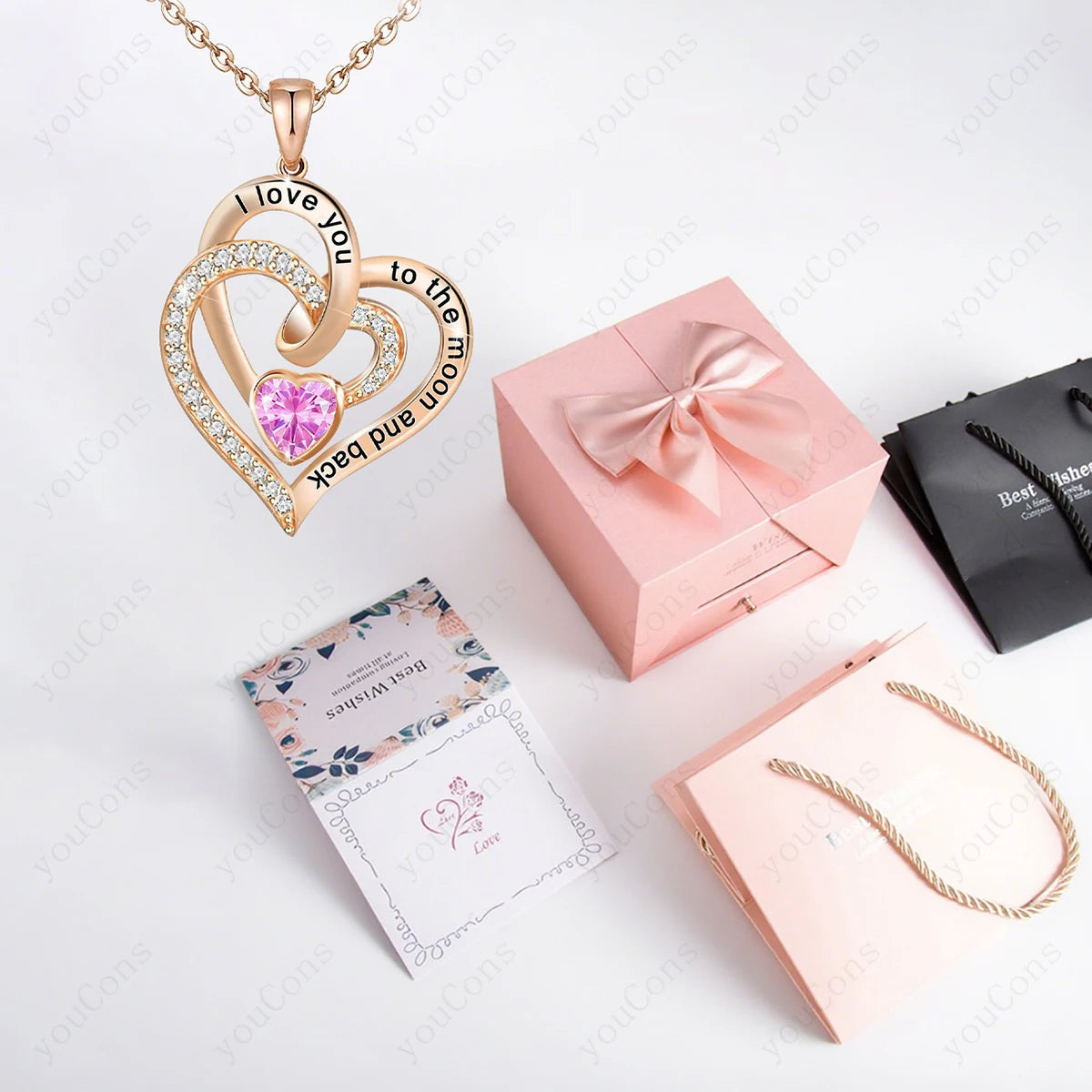 Heart Zircon Pendant Necklace with Pink Rose Bow Gift Box 2025 New Set for Girlfriend Wife Christmas Valentine Day Birthday Gift