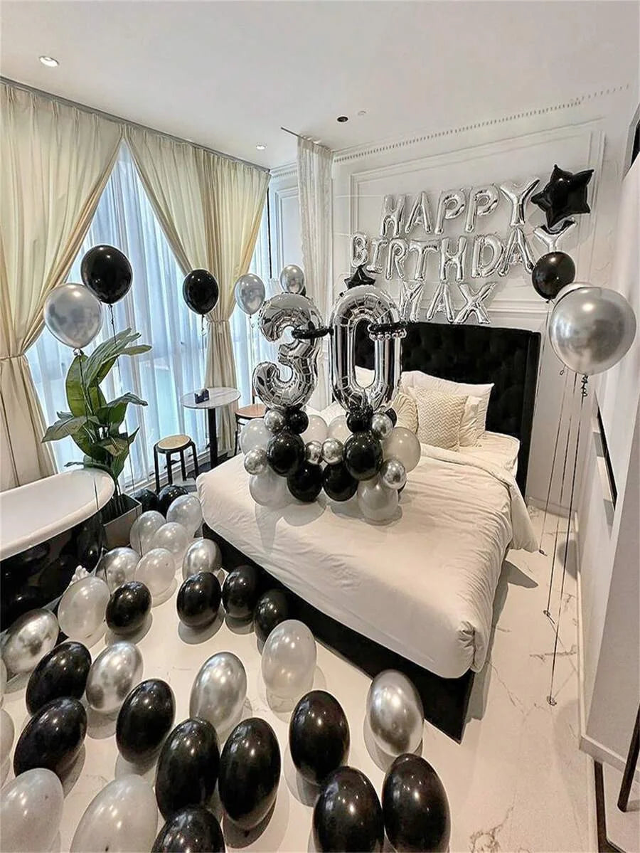 580Pcs Black & Silver Balloon Garland Birthday Set, 40" Oversized Foil Number Balloons, Black Rose Petals, Suitable for Men & Women