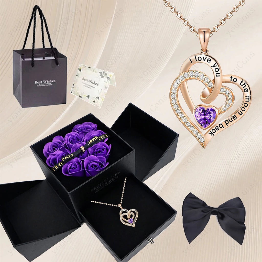 Heart Zircon Pendant Necklace with Pink Rose Bow Gift Box 2025 New Set for Girlfriend Wife Christmas Valentine Day Birthday Gift