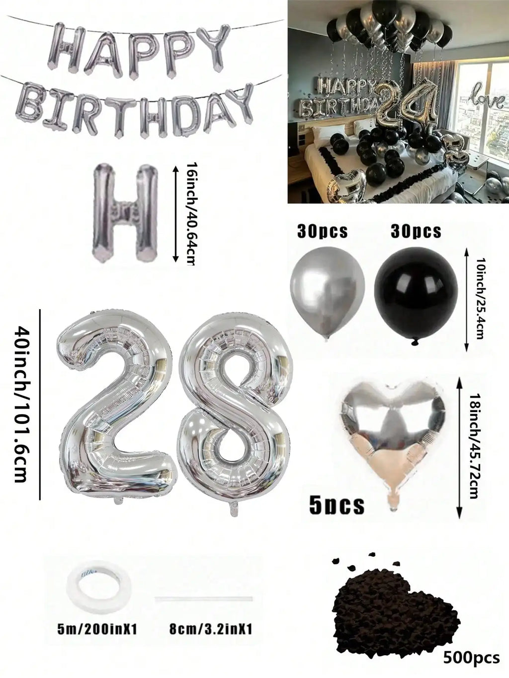 580Pcs Black & Silver Balloon Garland Birthday Set, 40" Oversized Foil Number Balloons, Black Rose Petals, Suitable for Men & Women