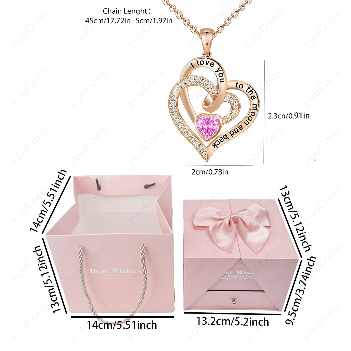 Heart Zircon Pendant Necklace with Pink Rose Bow Gift Box 2025 New Set for Girlfriend Wife Christmas Valentine Day Birthday Gift