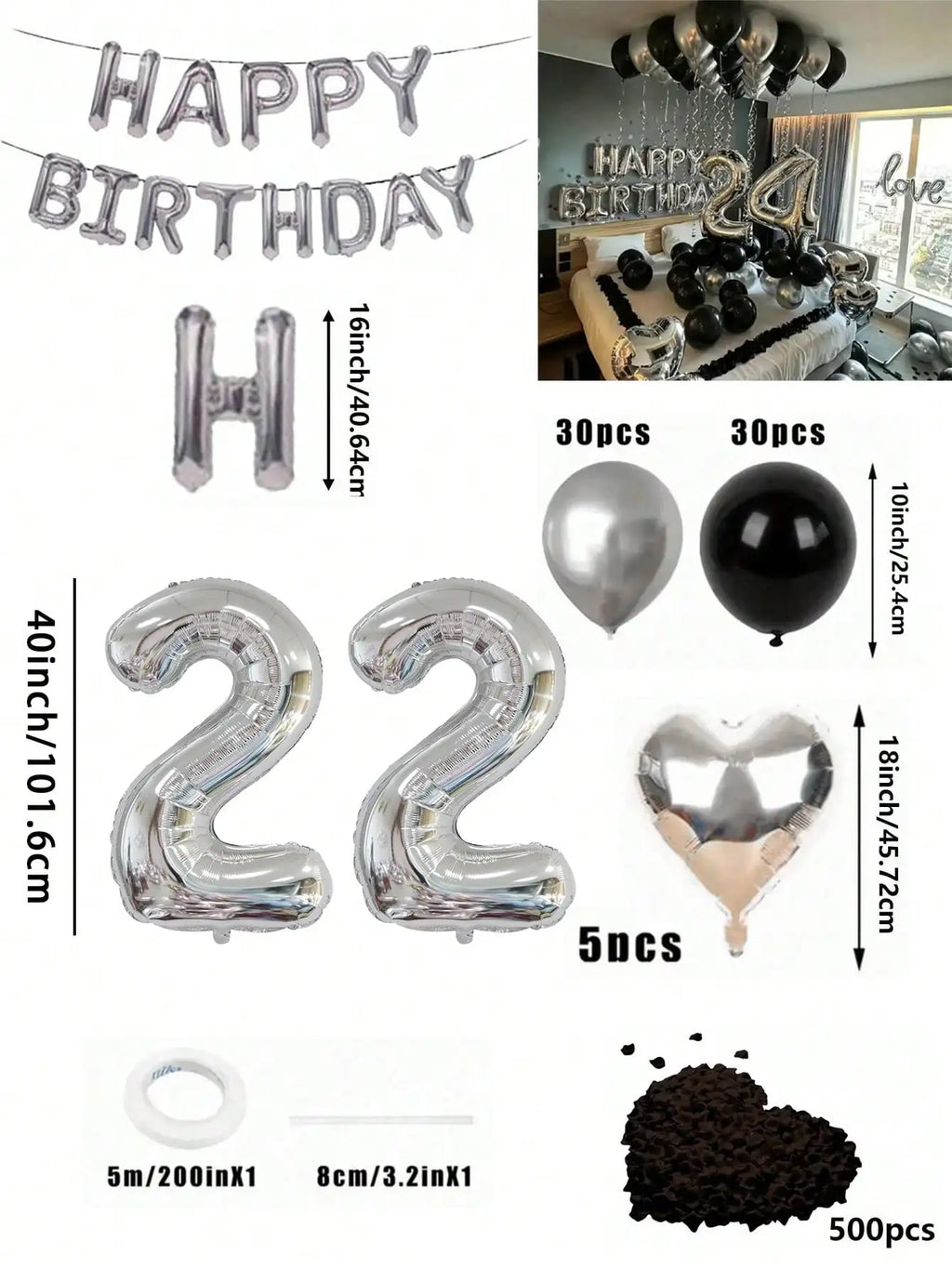 580Pcs Black & Silver Balloon Garland Birthday Set, 40" Oversized Foil Number Balloons, Black Rose Petals, Suitable for Men & Women