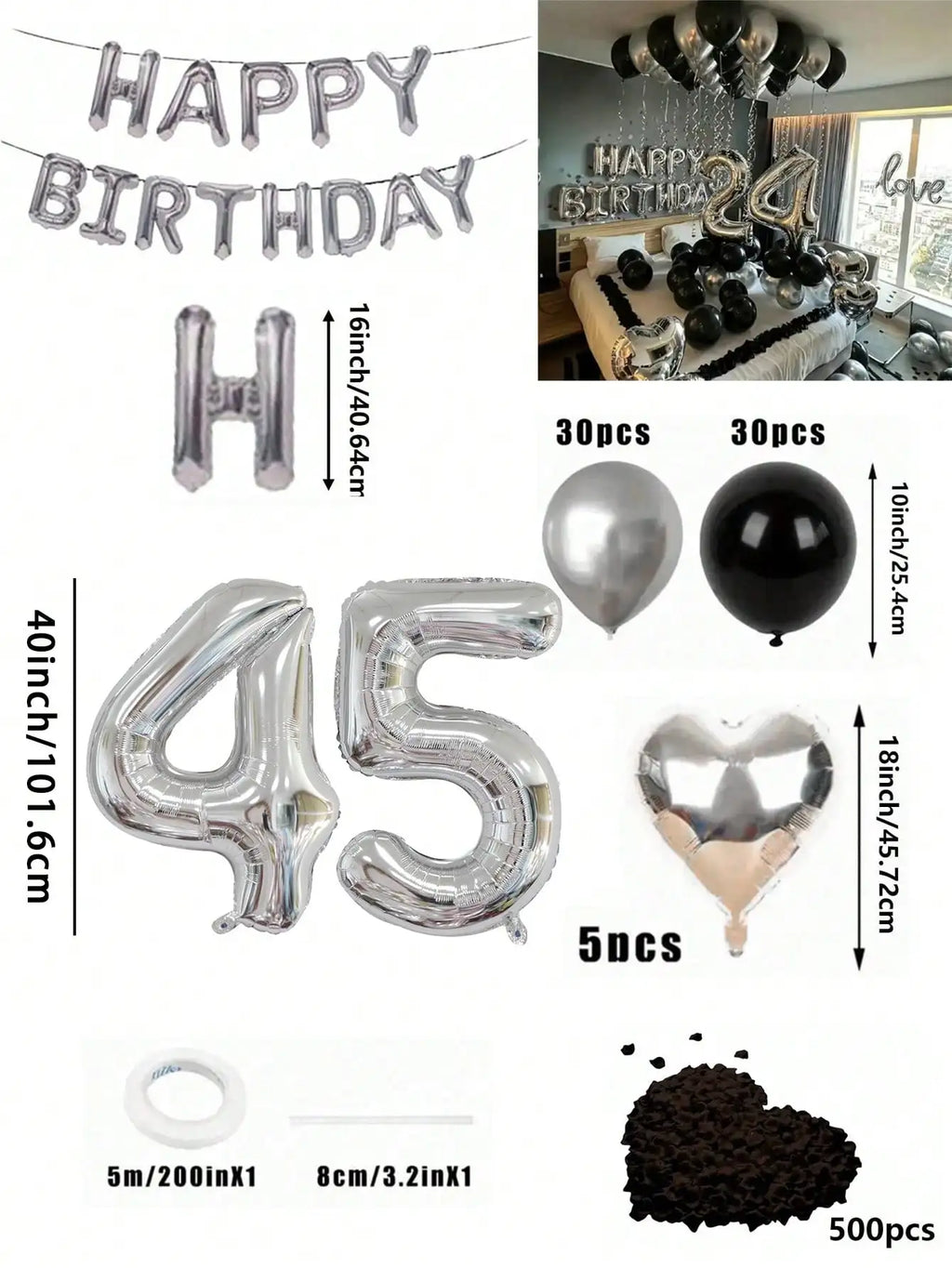 580Pcs Black & Silver Balloon Garland Birthday Set, 40" Oversized Foil Number Balloons, Black Rose Petals, Suitable for Men & Women