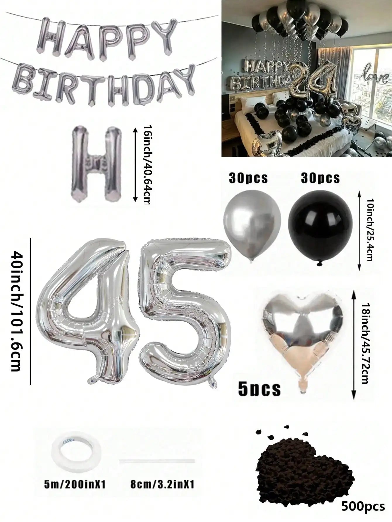 580Pcs Black & Silver Balloon Garland Birthday Set, 40" Oversized Foil Number Balloons, Black Rose Petals, Suitable for Men & Women