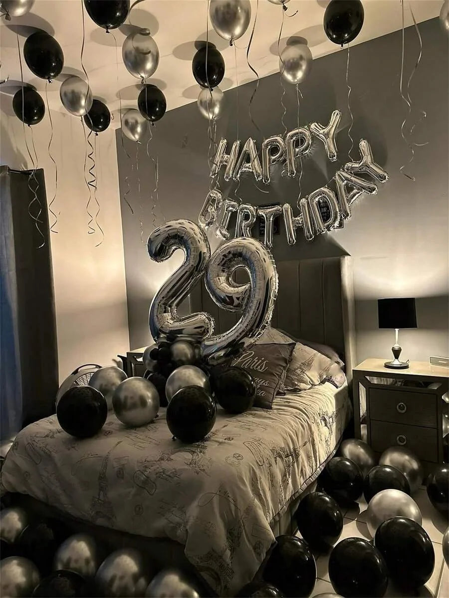 580Pcs Black & Silver Balloon Garland Birthday Set, 40" Oversized Foil Number Balloons, Black Rose Petals, Suitable for Men & Women