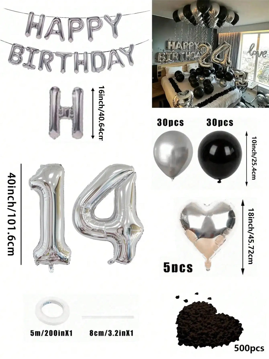 580Pcs Black & Silver Balloon Garland Birthday Set, 40" Oversized Foil Number Balloons, Black Rose Petals, Suitable for Men & Women