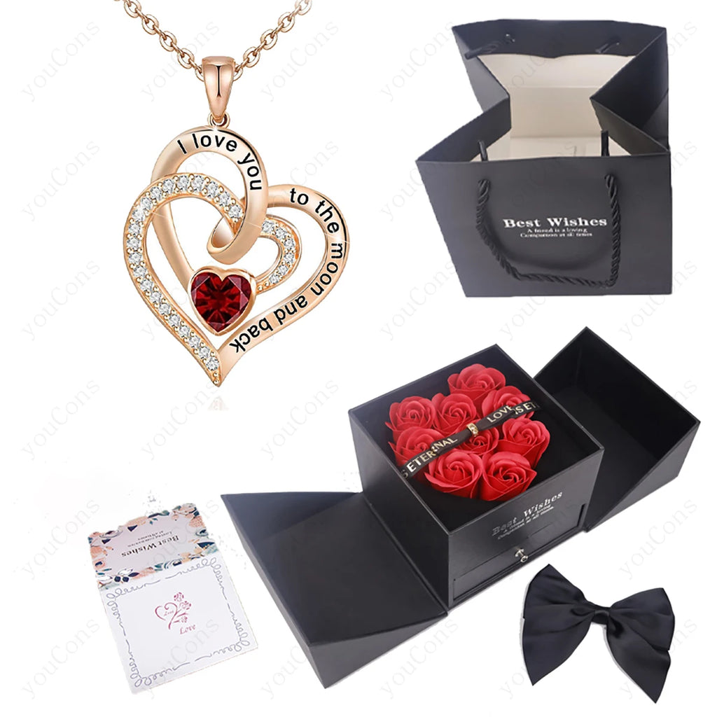 Heart Zircon Pendant Necklace with Pink Rose Bow Gift Box 2025 New Set for Girlfriend Wife Christmas Valentine Day Birthday Gift