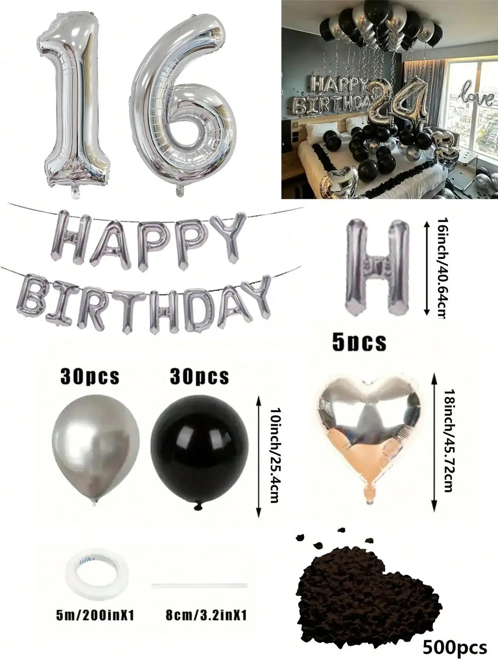 580Pcs Black & Silver Balloon Garland Birthday Set, 40" Oversized Foil Number Balloons, Black Rose Petals, Suitable for Men & Women