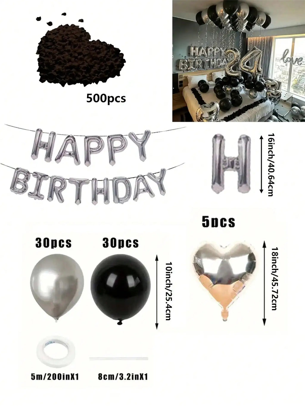 580Pcs Black & Silver Balloon Garland Birthday Set, 40" Oversized Foil Number Balloons, Black Rose Petals, Suitable for Men & Women