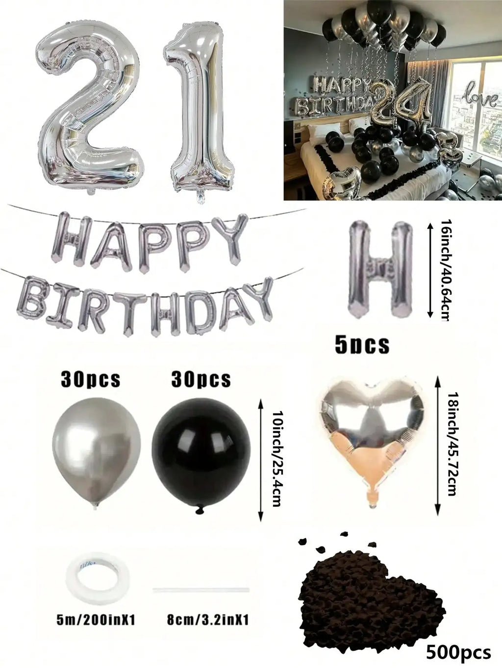 580Pcs Black & Silver Balloon Garland Birthday Set, 40" Oversized Foil Number Balloons, Black Rose Petals, Suitable for Men & Women