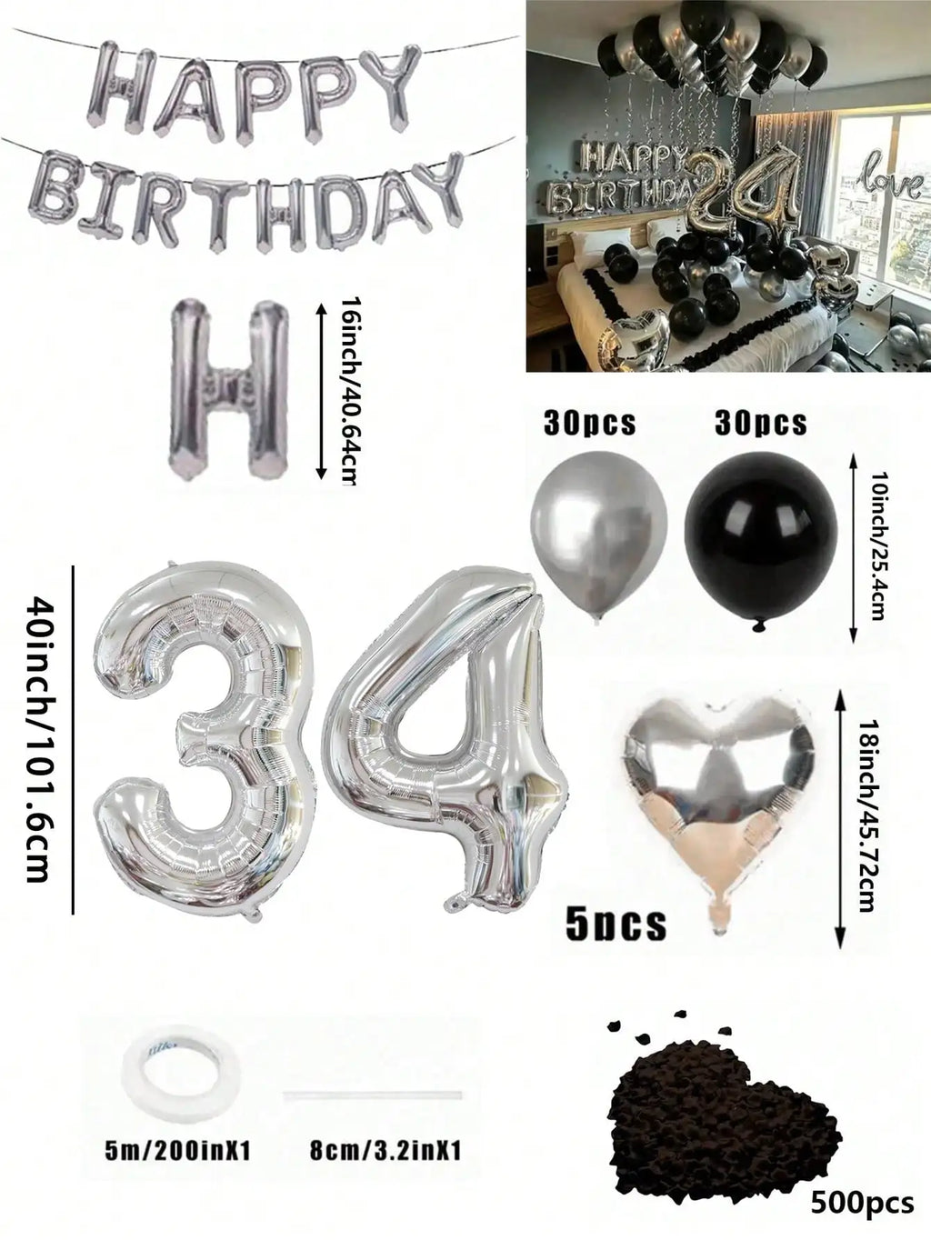 580Pcs Black & Silver Balloon Garland Birthday Set, 40" Oversized Foil Number Balloons, Black Rose Petals, Suitable for Men & Women