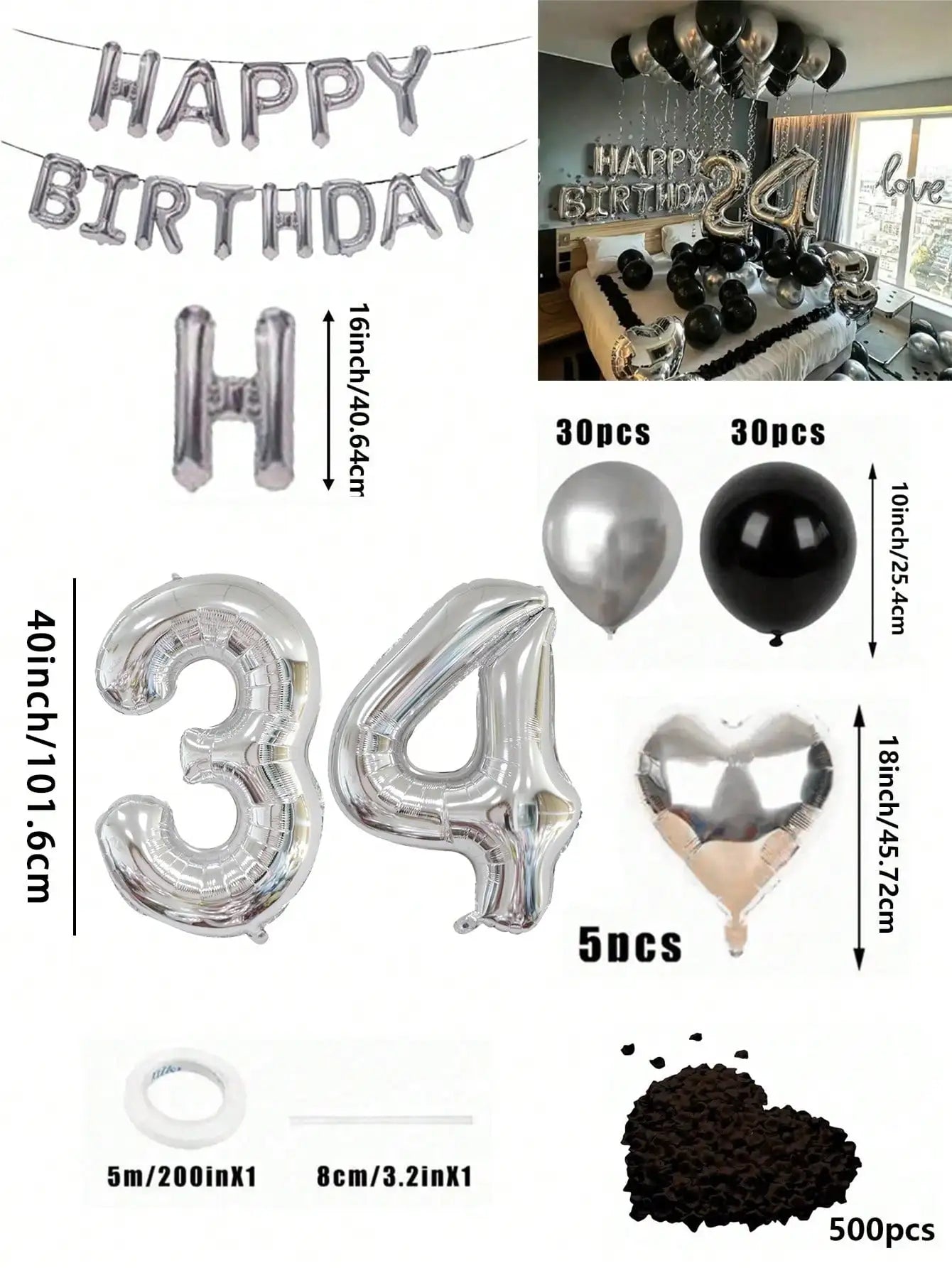 580Pcs Black & Silver Balloon Garland Birthday Set, 40" Oversized Foil Number Balloons, Black Rose Petals, Suitable for Men & Women