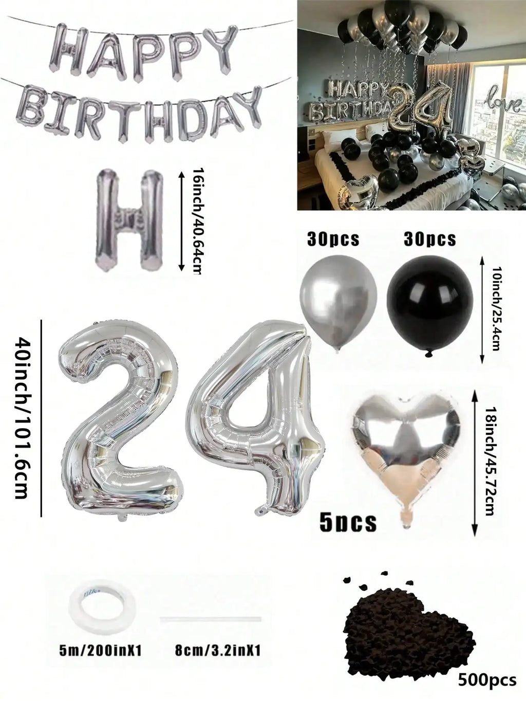 580Pcs Black & Silver Balloon Garland Birthday Set, 40" Oversized Foil Number Balloons, Black Rose Petals, Suitable for Men & Women