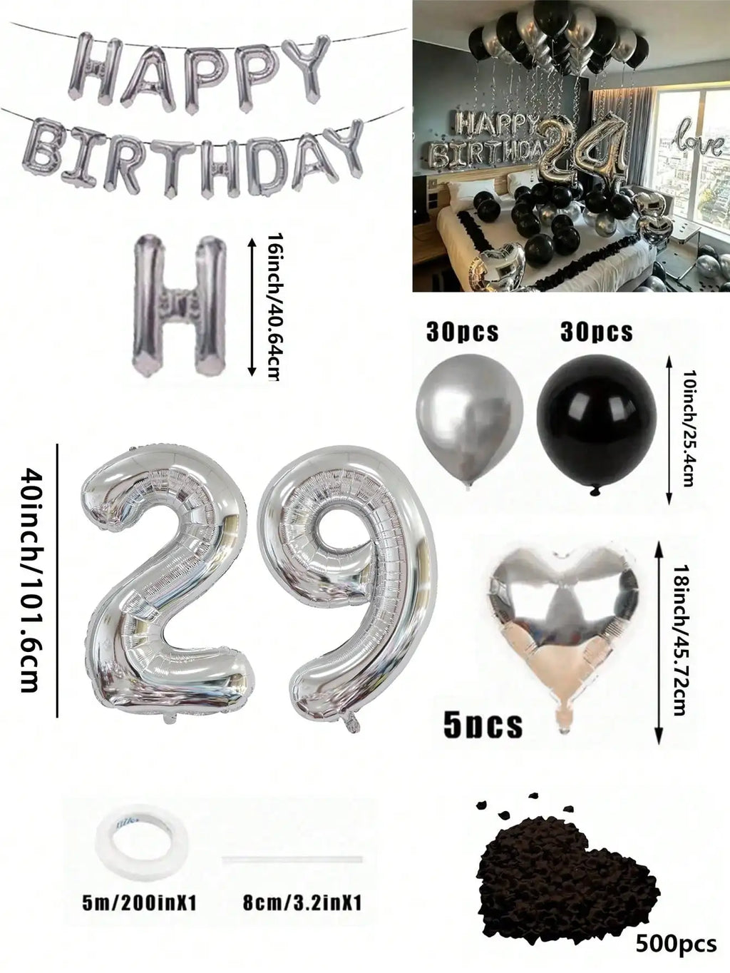 580Pcs Black & Silver Balloon Garland Birthday Set, 40" Oversized Foil Number Balloons, Black Rose Petals, Suitable for Men & Women