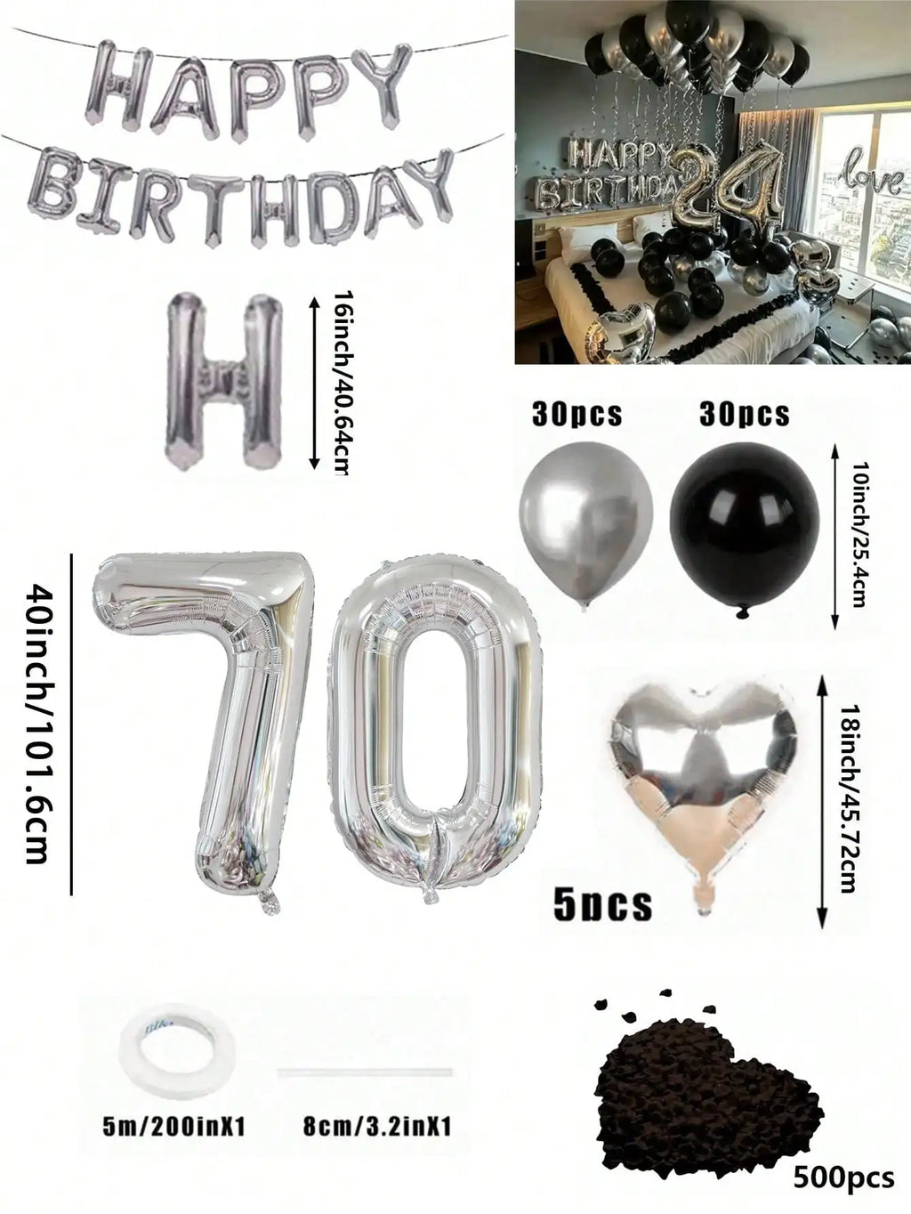 580Pcs Black & Silver Balloon Garland Birthday Set, 40" Oversized Foil Number Balloons, Black Rose Petals, Suitable for Men & Women