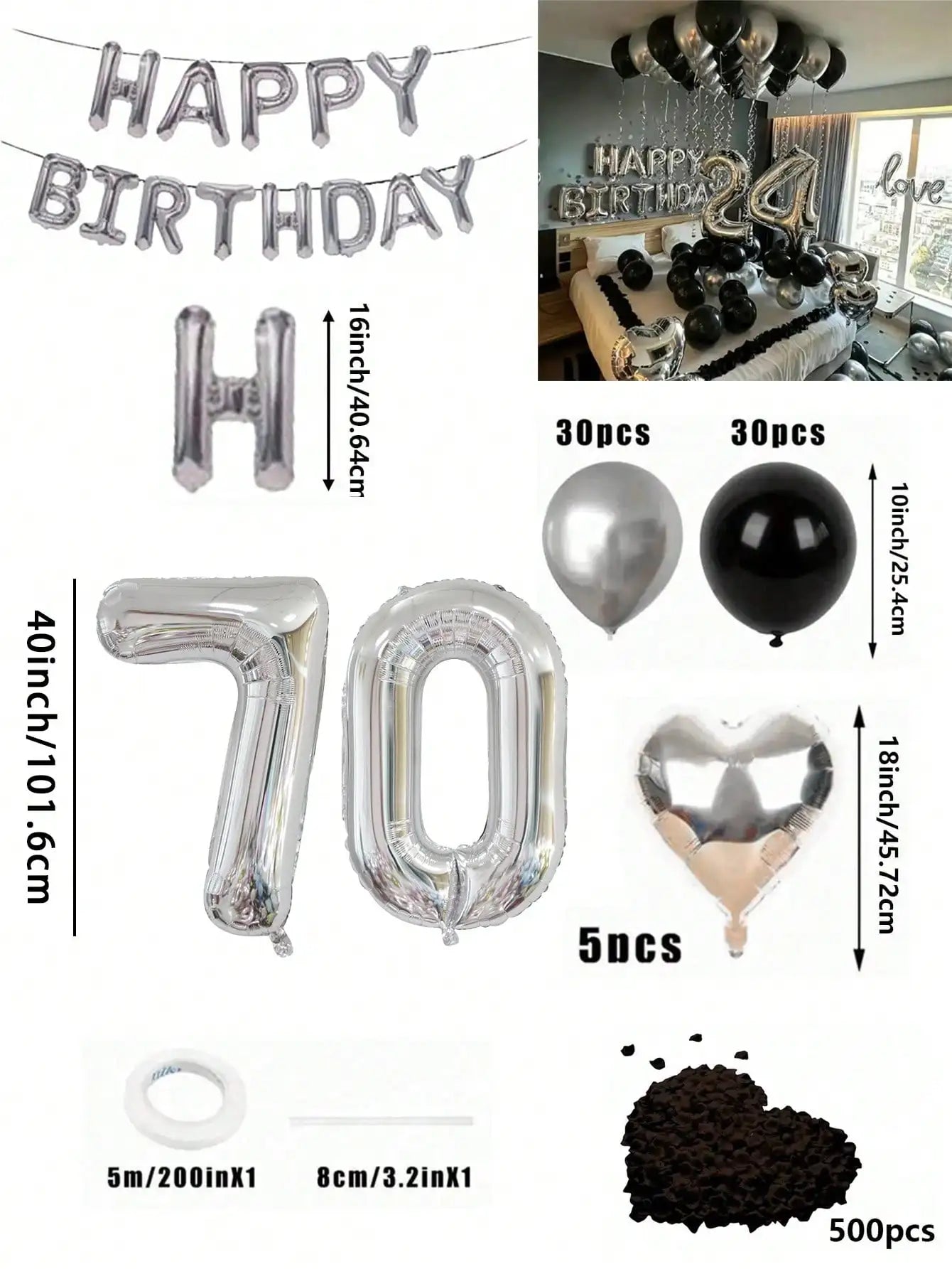 580Pcs Black & Silver Balloon Garland Birthday Set, 40" Oversized Foil Number Balloons, Black Rose Petals, Suitable for Men & Women