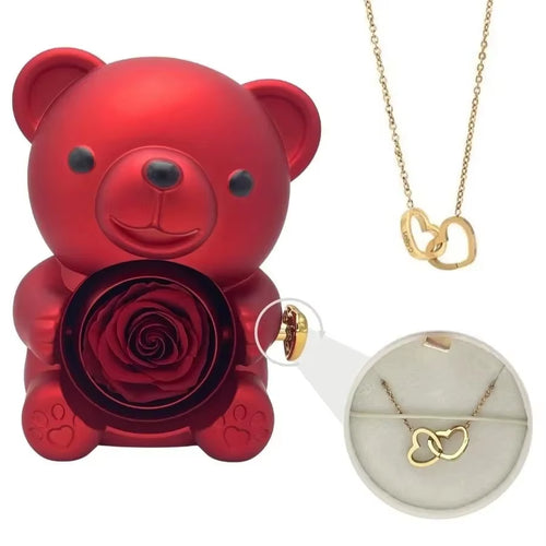 Rose Hugging Bear Gift Boxes Free Engraving Necklace Rose Rotating Flower Birthday Gift for Women