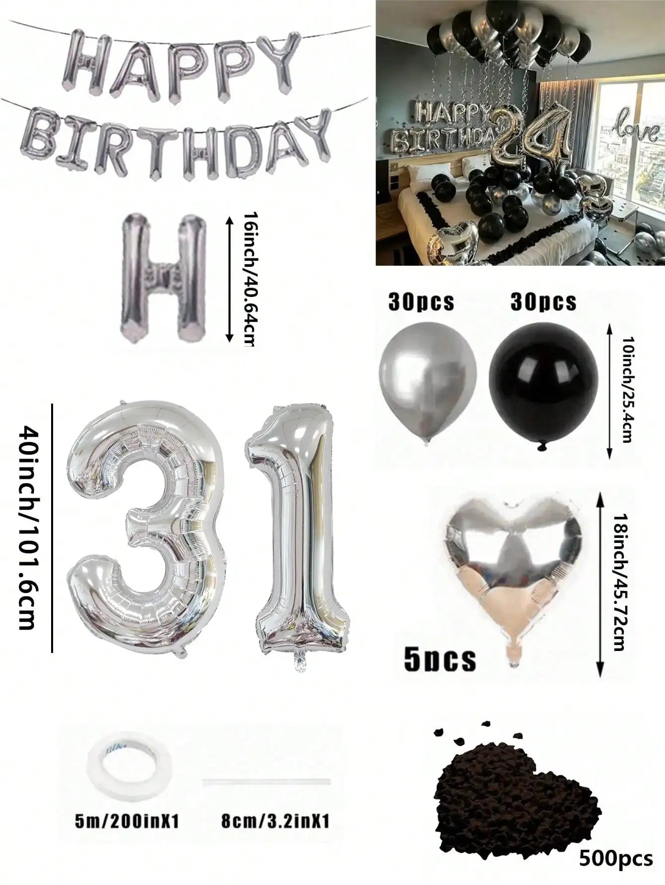 580Pcs Black & Silver Balloon Garland Birthday Set, 40" Oversized Foil Number Balloons, Black Rose Petals, Suitable for Men & Women
