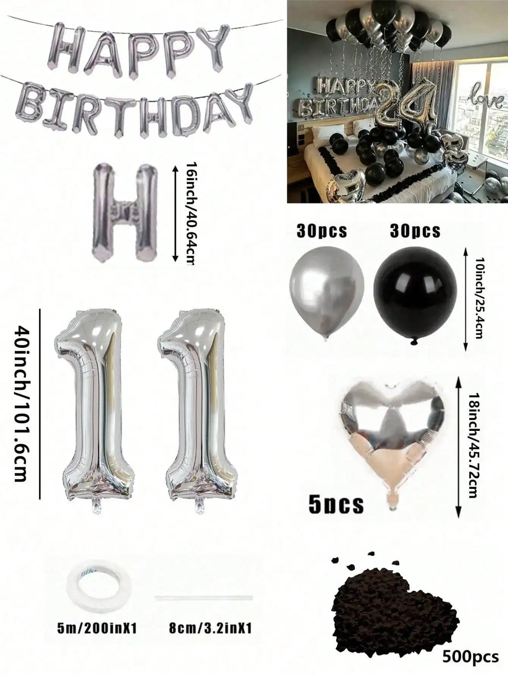 580Pcs Black & Silver Balloon Garland Birthday Set, 40" Oversized Foil Number Balloons, Black Rose Petals, Suitable for Men & Women