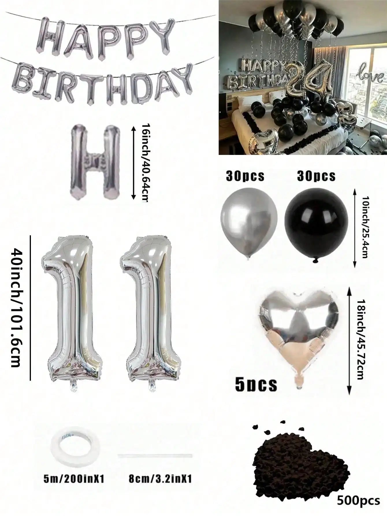 580Pcs Black & Silver Balloon Garland Birthday Set, 40" Oversized Foil Number Balloons, Black Rose Petals, Suitable for Men & Women