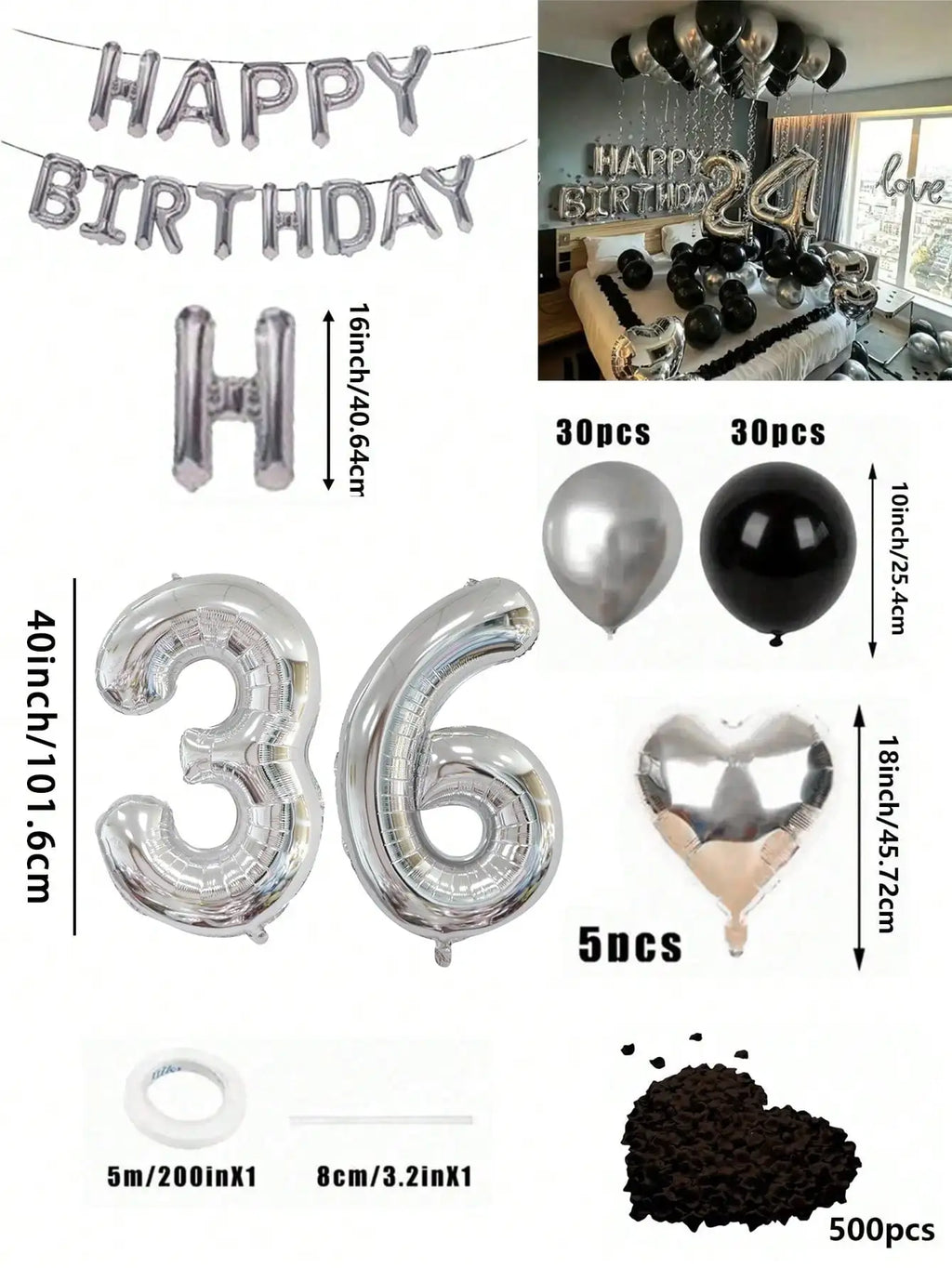 580Pcs Black & Silver Balloon Garland Birthday Set, 40" Oversized Foil Number Balloons, Black Rose Petals, Suitable for Men & Women