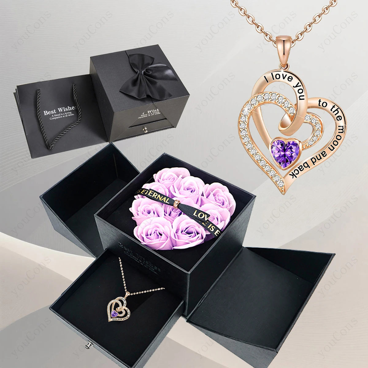 Heart Zircon Pendant Necklace with Pink Rose Bow Gift Box 2025 New Set for Girlfriend Wife Christmas Valentine Day Birthday Gift