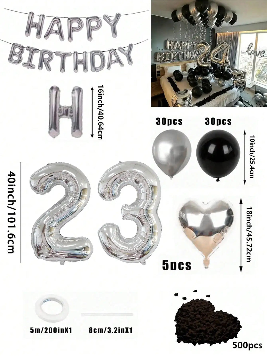 580Pcs Black & Silver Balloon Garland Birthday Set, 40" Oversized Foil Number Balloons, Black Rose Petals, Suitable for Men & Women