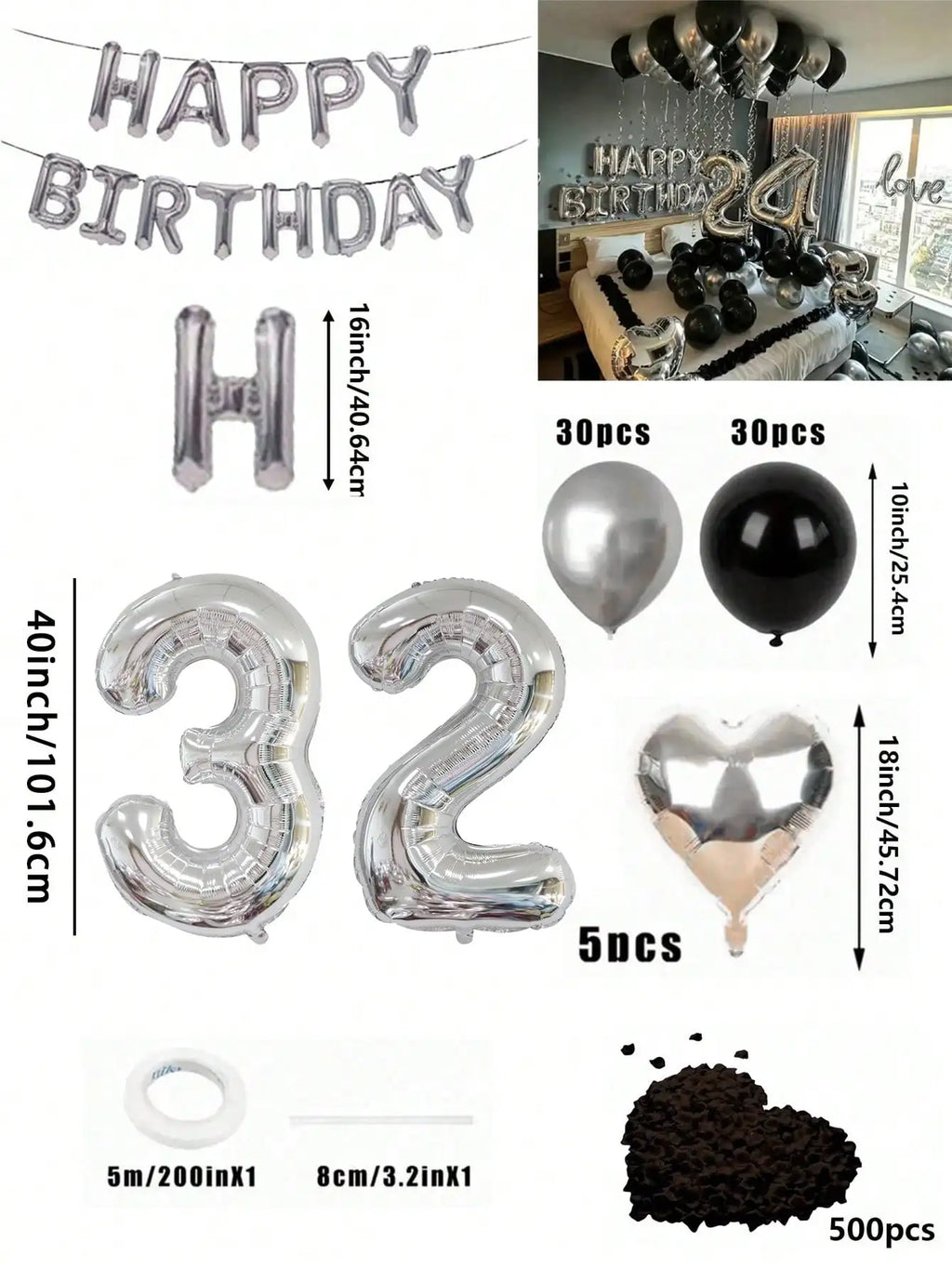 580Pcs Black & Silver Balloon Garland Birthday Set, 40" Oversized Foil Number Balloons, Black Rose Petals, Suitable for Men & Women
