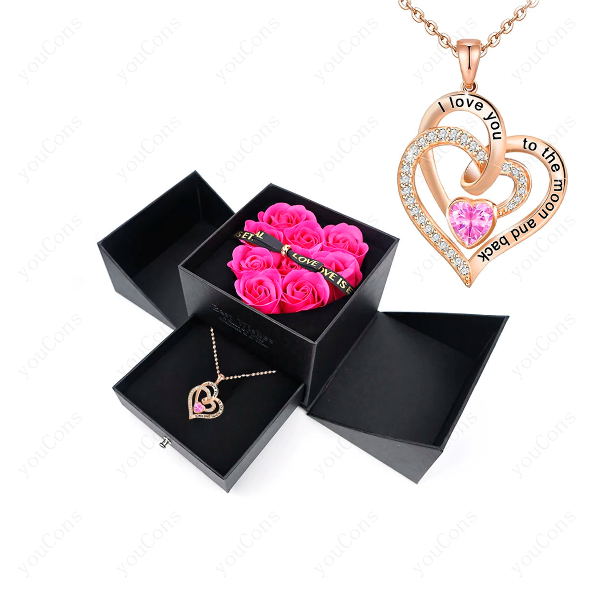 Heart Zircon Pendant Necklace with Pink Rose Bow Gift Box 2025 New Set for Girlfriend Wife Christmas Valentine Day Birthday Gift