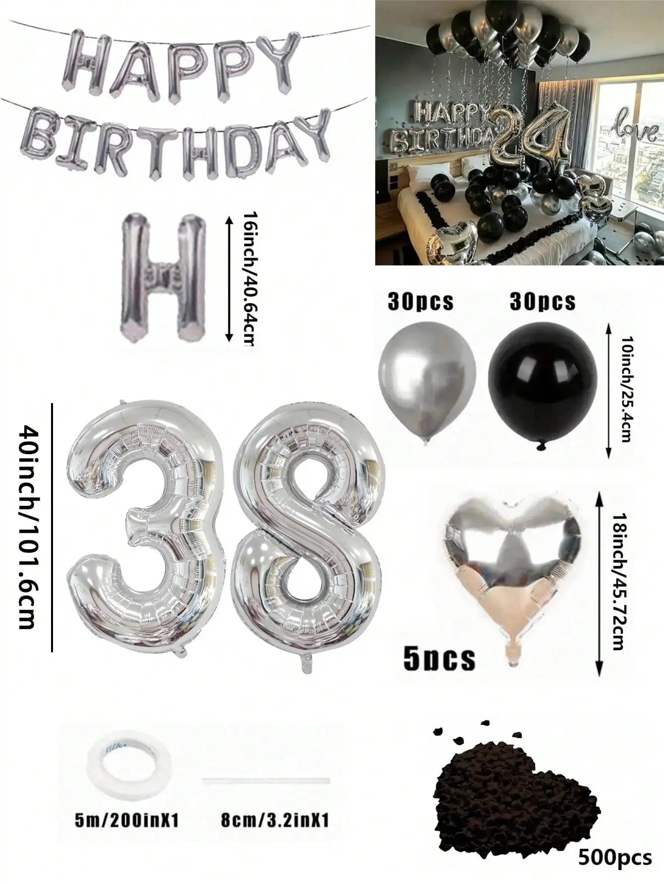 580Pcs Black & Silver Balloon Garland Birthday Set, 40" Oversized Foil Number Balloons, Black Rose Petals, Suitable for Men & Women