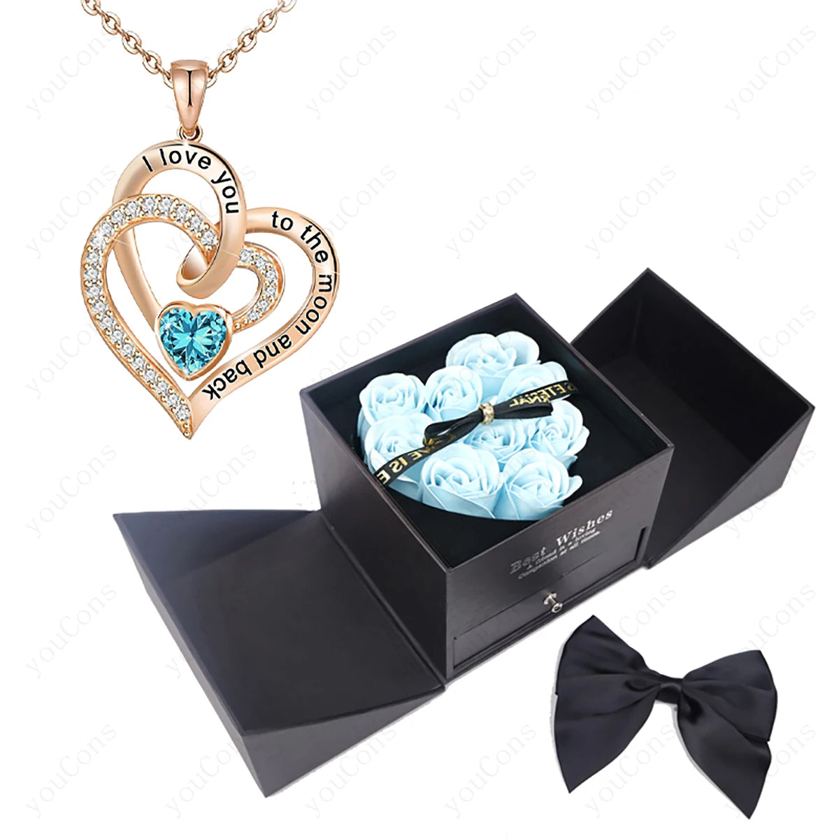 Heart Zircon Pendant Necklace with Pink Rose Bow Gift Box 2025 New Set for Girlfriend Wife Christmas Valentine Day Birthday Gift
